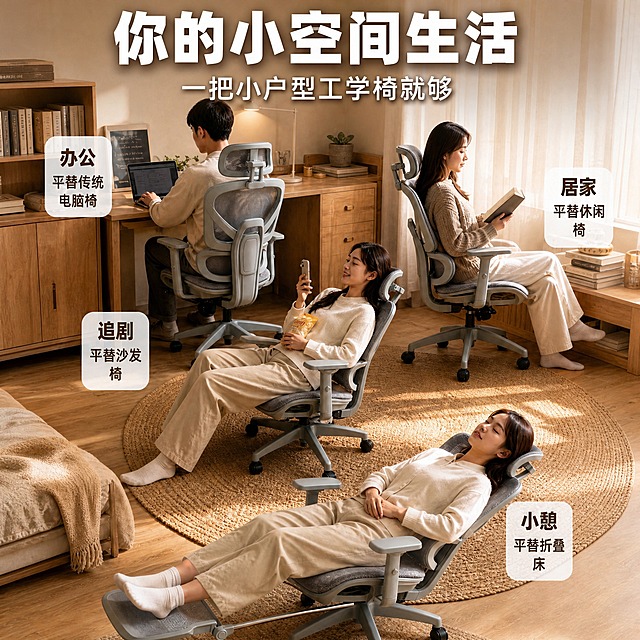 将图片尺寸调整为800×800px正方形，保持画面内容完整，构图居中裁剪或等比例缩放适配，所有文字、人物、椅子、场景元素完整保留，清晰不变形。你的小空间生活 小户型工学椅场景图。