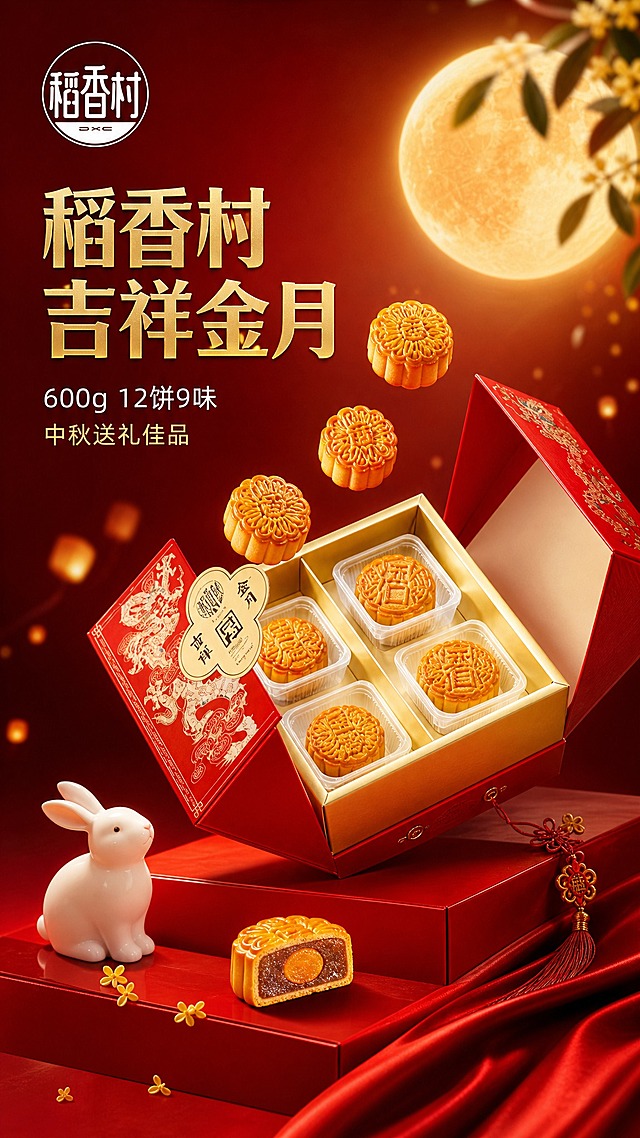 [主图-1] 稻香村吉祥金月月饼礼盒首图，突出中秋送礼氛围和品牌品质感。
[统一基调] 国风中高端喜庆风格，中国红渐变背景，金色光晕点缀，左上角放置稻香村白色圆形Logo。主标题金色烫金粗黑体，辅助文案白色细黑体。整体典雅大气，中秋节日氛围浓厚。
[画面] 红色月饼礼盒位于画面中央偏右，礼盒微微打开，金色内盒露出，几块金黄色月饼从盒中轻盈飘出，呈现悬浮动态。背景是深红色渐变，右上方有一轮朦胧的金色满月，月光柔和洒下。左下角有一只可爱的白色玉兔摆件，增添中秋趣味。礼盒前方放着一块切开的月饼，露出诱人内馅。产品占画面约60%，视角为微俯视。
[光影质感] 商业摄影质感，主光从左上方打来，月饼表面有金黄油润的光泽，礼盒红色漆面有细腻反光，金色内盒有金属质感。整体光线柔和温暖，营造中秋夜晚的温馨氛围。
[配色] 主色中国红，辅色金色、白色，背景深红渐变。月饼金黄色，内馅棕红色。
[文字版式] 画面左侧上方主标题金色大字"稻香村 吉祥金月"，下方白色小字"600g 12饼9味"，再下方金色小字"中秋送礼佳品"。文字左对齐，放在左侧负空间，不遮挡礼盒主体。
[输出要求] 9:16竖版比例，文字清晰锐利，产品清晰完整，高端商业摄影质感。负向：变形、错字、模糊、杂乱、水印、平台Logo、多余人物、月饼数量错误、礼盒变形。