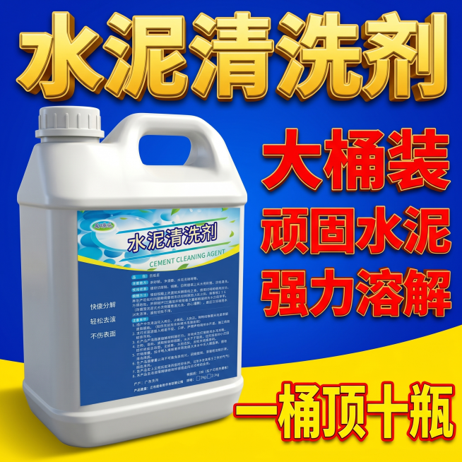 [单张主图] 水泥清洗剂电商促销主图，爆款促销感主图，高点击高转化淘宝拼多多商品主图，突出大包装强溶解的产品优势。
[画面主体] 画面左侧放大放置白色大容量塑料桶装水泥清洗剂，桶身、标签、产品外观必须预览效果