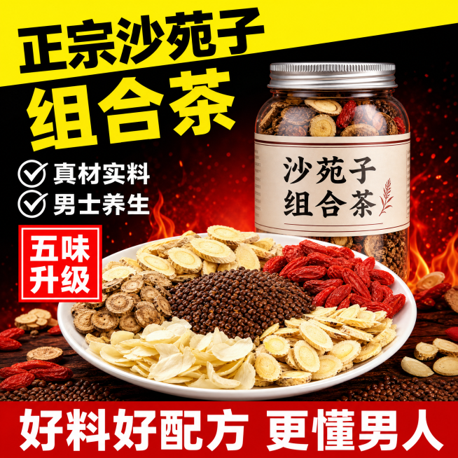 [单张主图] 沙苑子组合茶 爆款促销感男士养生茶主图，使用第一张图的排版结构，第二张图的产品内容和核心卖点，第三张图的红黑火焰背景，生成全新风格适配主流电商平台。
[参考比对] 模板图1拆解排版：顶部预览效果