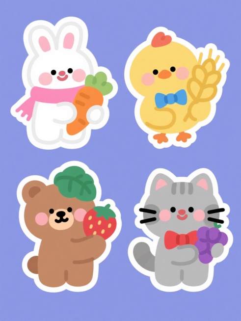 一组四个不同元素的卡通插画集合，每个元素都采用圆润可爱的Q版风格，白色描边勾勒轮廓，内部填充均匀的马卡龙色系。第一个是戴着粉色围巾的白色兔子抱着橙色胡萝卜，第二个是戴着蓝色领结的黄色小鸡捧着金色麦穗，第三个是戴着绿色叶子头饰的棕色小熊举着红色草莓，第四个是戴着红色蝴蝶结的灰色小猫抱着紫色葡萄。所有元素都位于纯色背景上，整体色彩明快柔和，四个插画呈田字格规整排布，保持一致的构图比例和萌系氛围。预览效果