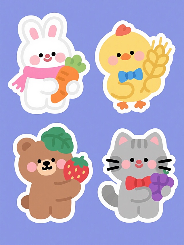 一组四个不同元素的卡通插画集合，每个元素都采用圆润可爱的Q版风格，白色描边勾勒轮廓，内部填充均匀的马卡龙色系。第一个是戴着粉色围巾的白色兔子抱着橙色胡萝卜，第二个是戴着蓝色领结的黄色小鸡捧着金色麦穗，第三个是戴着绿色叶子头饰的棕色小熊举着红色草莓，第四个是戴着红色蝴蝶结的灰色小猫抱着紫色葡萄。所有元素都位于纯色背景上，整体色彩明快柔和，四个插画呈田字格规整排布，保持一致的构图比例和萌系氛围。