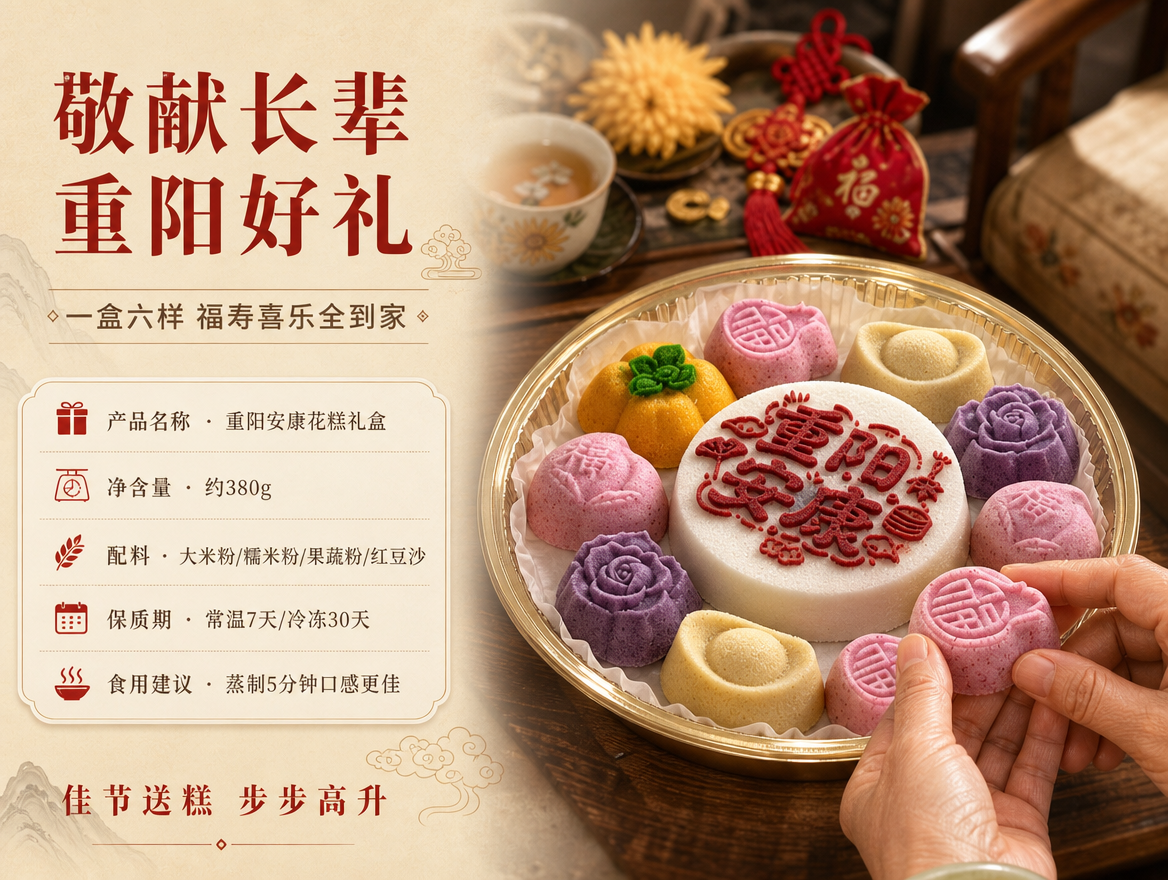 [商品] 使用【图1】和【图2】重阳安康花糕礼盒；保留全部糕点… - 图片创意预览