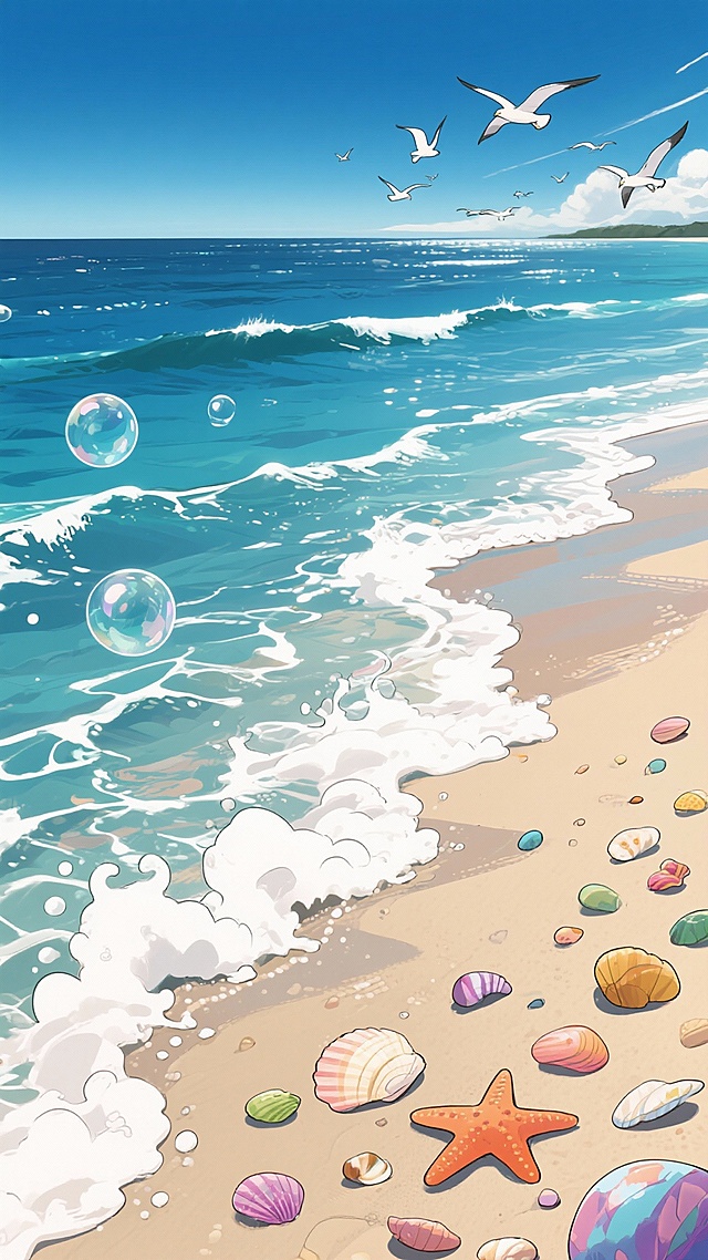 二次元卡通，海边，气泡，深青色，浅蓝色，氛围感夏天、快乐，细节丰富，全景构图，9:16,不要人物，生成2张