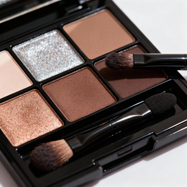 眼影盘试色特写，展示珠光哑光质地，旁边放着刷具预览效果