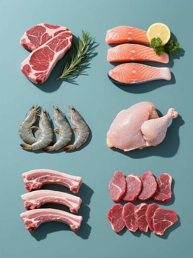 系列食材素材集合，纯色背景，规整排布六个完全不同的生鲜肉类元素：左侧上方为两块带白色脂肪纹理的鲜红色生牛排，点缀绿色迷迭香枝叶；右侧上方是三条纹理清晰的粉红色三文鱼排，搭配柠檬片和欧芹；左侧中间为五只饱满的鲜虾，外壳呈青灰色并带有光泽，尾部微微弯曲；右侧中间是一块切开的鸡胸肉，肉质呈淡粉色，表面光滑；左侧下方为四根带骨的猪肋排，肉质紧实且带有白色软骨；右侧下方是六片切好的牛肉片，薄厚均匀，呈现新鲜的红色，所有元素均保持高清晰度和写实质感，光线从右上方照射，形成自然的阴影和高光，整体布局对称平衡，每个元素独立成组且间距一致。