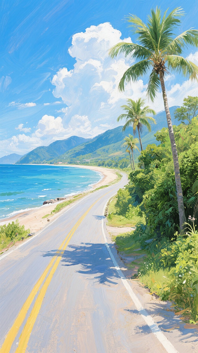 一条蜿蜒的双黄线公路沿着蔚蓝大海的海岸线延伸，道路右侧是茂密的绿色植被和几棵高大的棕榈树，左侧是开阔的海面，远处是连绵的山脉和蓝天白云，阳光明媚，光影清晰，呈现出印象派油画风格，笔触厚重，色彩明快鲜艳，充满夏日度假的悠闲氛围。