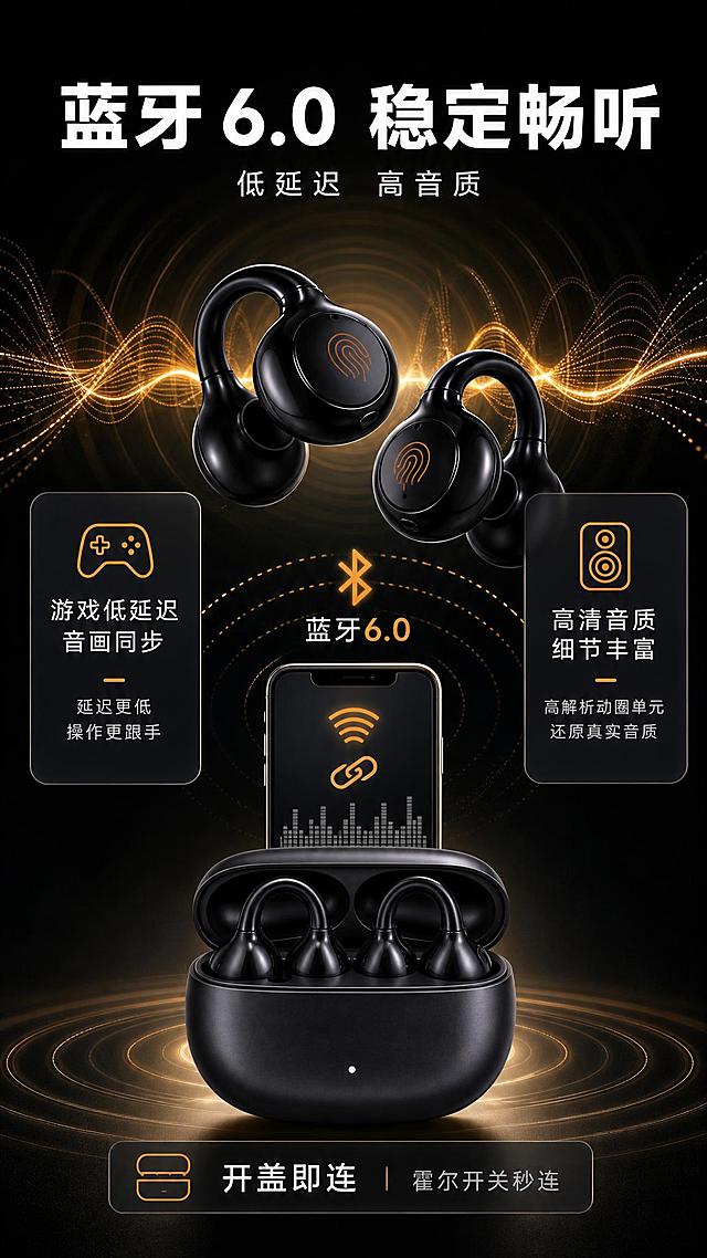 [商品] 使用【图1】LKP黑色耳夹式蓝牙耳机及充电仓；保留产品外观、颜色、材质、结构比例；重点展示耳机与充电仓的连接状态示意。
[画面] 第3张·蓝牙与音质页，目标是突出蓝牙6.0稳定连接与音质表现。系统路径型版式：画面中部偏上展示两只耳机，周围用金色波纹线条象征蓝牙信号传输；下方展示手机与耳机连接示意（用抽象图形表示，不出现具体手机品牌）；背景为深色科技感渐变+信号波纹。产品占画面约40%，信息图形环绕分布。
[视觉] 套系策略：风格=深色科技感商业数码摄影；标题字=粗黑无衬线黑体；正文字=简洁无衬线中黑体；主色=深邃炭黑；背景延展=基于炭黑做径向渐变、同色深浅层级与细腻磨砂颗粒质感；强调色=金属橙金色，仅用于小面积图标、引线、标签和局部光效；标题色=纯白；正文色=浅银灰；组件=圆角深色信息卡、细线引线、金色圆点标签；光影=左前侧主光+右侧金色轮廓光，产品立体感强。
[文字] 顶部主标题"蓝牙6.0 稳定畅听"，副标题"低延迟 高音质"；中部左右分布2个信息卡：左卡"游戏低延迟 音画同步"，右卡"高清音质 细节丰富"；底部补充"开盖即连 霍尔开关秒连"；所有文字横排，信息卡为深色圆角卡片配金色图标，手机端清晰可读。
[规格] 图片比例9:16竖版，4K，负向提示：避免变形、错字、文字过小、白底、冷蓝色调、产品结构改变、虚构品牌标识、夸大宣传、极限词、出现具体手机品牌Logo。