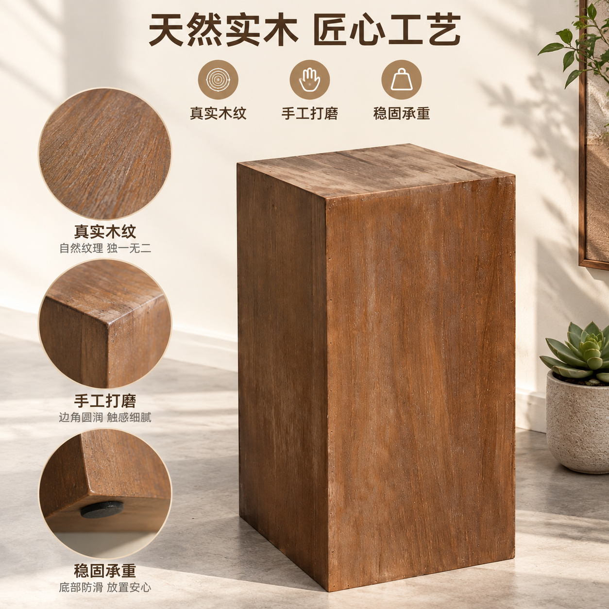 [主图-2] 材质细节卖点展示，突出实木花几的天然材质与工艺细… - 图片创意预览