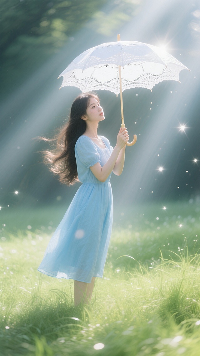 梦幻水彩风插画，少女撑伞立于光影斑驳的绿野，粒子光晕环绕，清新唯美，尽显浪漫文艺气息。