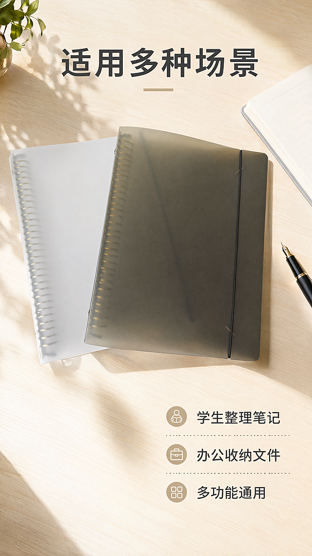 [第7屏] 办公学习场景展示页，展示活页夹日常使用场景。本屏使用【图1】产品图，融入简洁办公桌面场景，保持产品本身颜色、材质、结构不变。[氛围/风格] 自然生活化场景，温馨舒适办公氛围，真实有代入感。[元素布局] 活页夹打开摆放在浅色办公桌面左上角，旁边搭配笔记本和钢笔简单装饰，桌面干净整洁，产品占据约60%画面。右下角预留文字区域，介绍适用场景："学生整理笔记 办公收纳文件 多功能通用"。[光影质感] 自然光从左侧照射，桌面形成自然柔和阴影，整体明亮干净，产品清晰真实。[配色色系] 全局底色：#F8F8F8；浅木色桌面搭配产品本身颜色，文字深灰色，整体清爽自然。[视角构图] 45度斜角俯视，产品在左上，文字说明在右下，符合竖屏浏览顺序。[文字版式] 顶部标题 "适用多种场景" 加粗，右下角分点列出适用范围，文字清晰不遮挡产品主体。[比例分辨率] 9:16 竖版比例，4K分辨率，文字清晰可辨。[负向提示词] 产品变形，场景杂乱，文字遮挡主体，颜色偏差，水印。