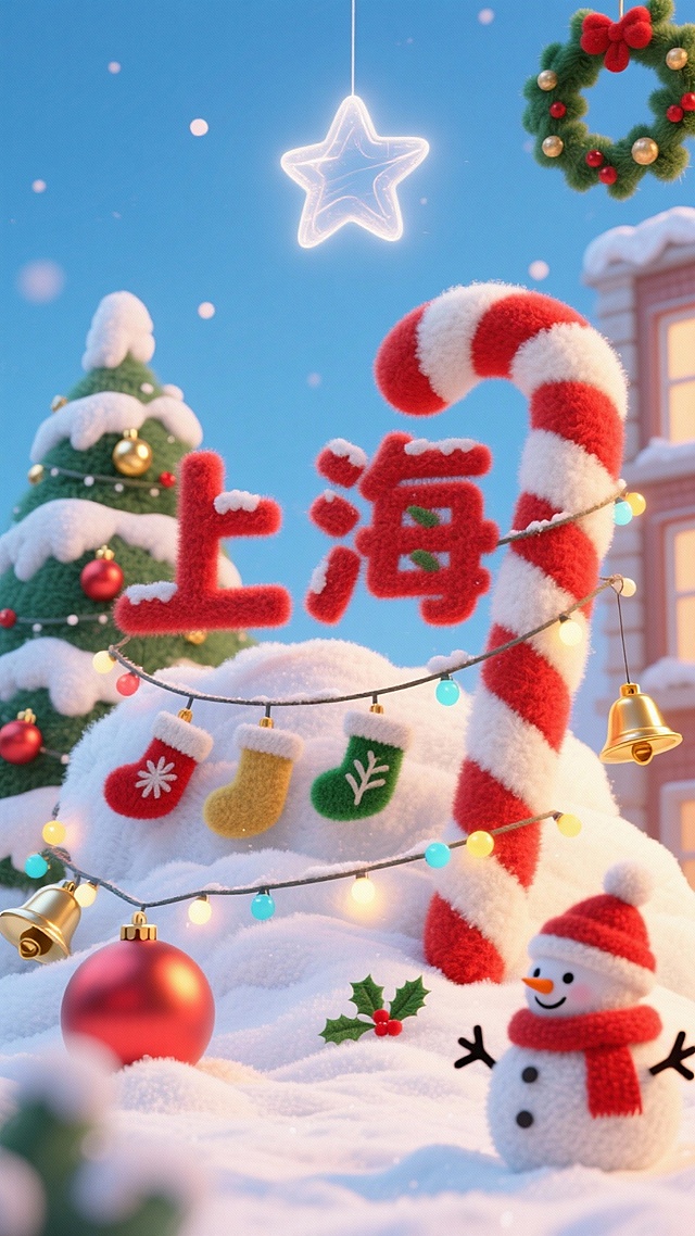 软3D风圣诞场景，毛发生长质感的“上海”字样与糖果手杖、雪人、彩灯交织，营造喜庆梦幻的卡通节日氛围。