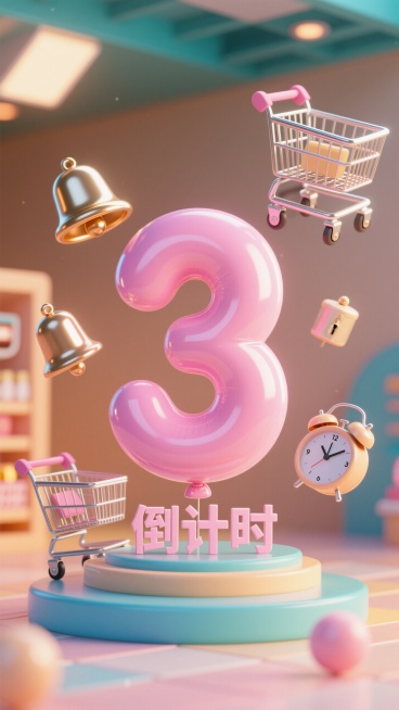 巨大的粉色数字“3”的气球，下方小标题“倒计时”，购物车，铃铛，闹钟悬浮在周围，暖色调，促销氛围预览效果