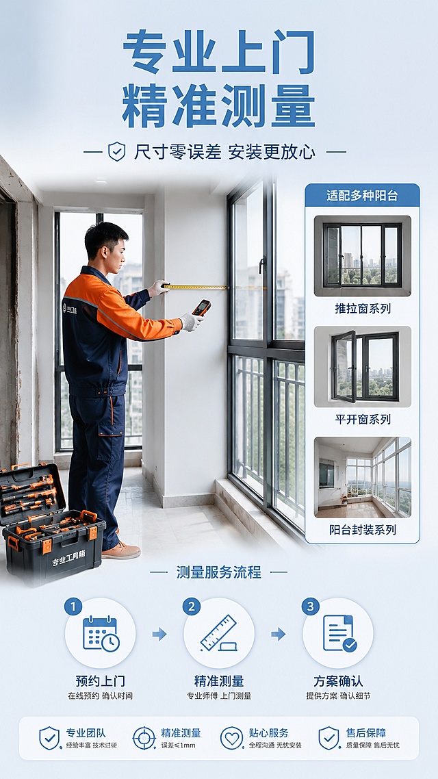 [第6屏] 上门测量服务页-专业师傅上门测量场景。专业服务风，真实可信，体现专业与贴心。画面展示一位穿工作服的专业师傅在阳台使用卷尺/激光测距仪测量墙面尺寸，旁边放着工具箱，背景是待安装的阳台空间；右侧嵌入产品小图。自然光+室内灯光，光线明亮真实，人物动作自然。全局底色浅蓝灰 #E8F0F7；主色深蓝 #2980B9；辅助色橙色工作服点缀。侧面平视视角，人物为主体，产品为辅。主标题「专业上门 精准测量」，副标题「尺寸零误差 安装更放心」；下方三步测量流程：①预约上门 ②精准测量 ③方案确认。人物自然真实，不遮挡关键信息。9:16竖版，4K高清，文字清晰。负向：人物变形、面部模糊、水印、文字错乱、背景杂乱。