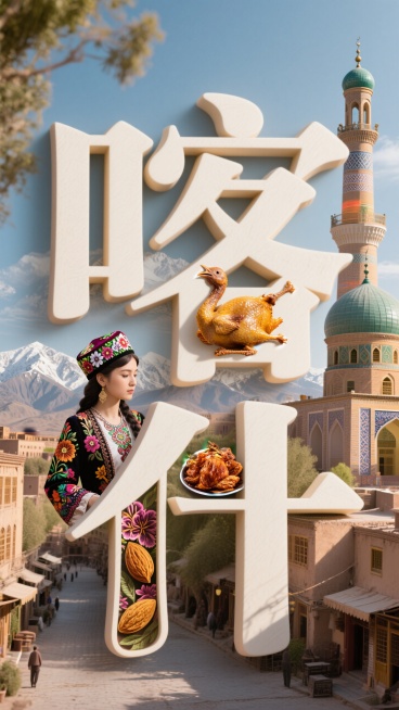 城市字体设计，创意字体设计，3D设计，文字“喀什”，“喀”字内穿插设计当地特色风景，比如艾提尕尔清真寺，喀什古城，帕米尔高原等，“什”字内穿插设计当地特色小吃木卡姆烤乳鸽，维吾尔族服装花色及小花帽等，预览效果