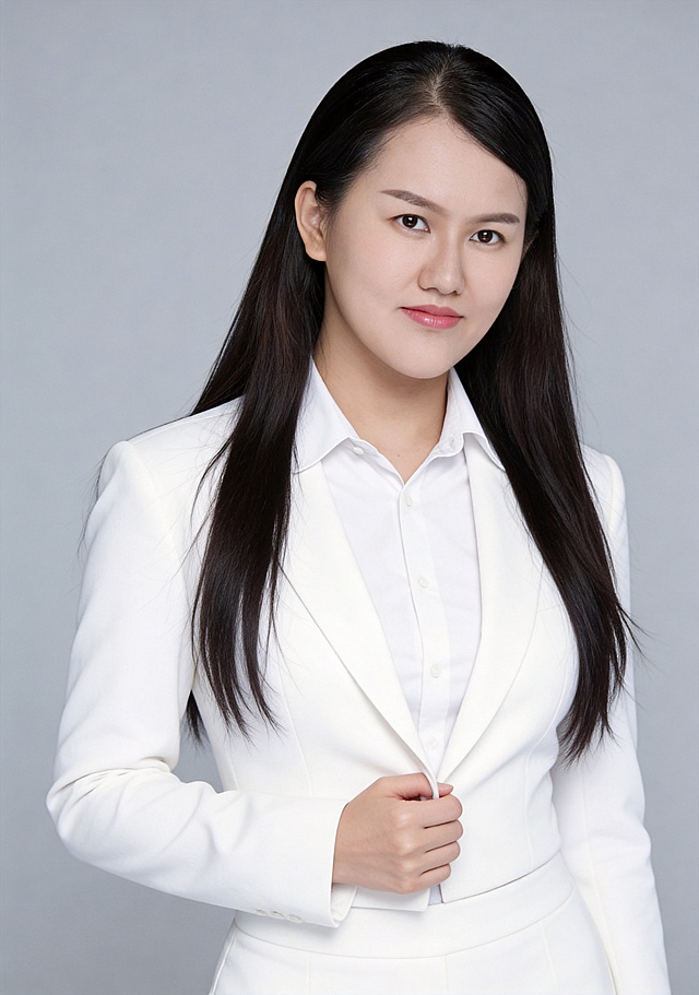 参考图中保留人物发型、年龄基础特征，完全重新塑造为标准美女五官：高挺鼻梁、灵动杏眼、精致唇形、小巧下颌线，打造明艳美女长相，保留性感气质；标准焦段50mm,f/4光圈(f/2.8-f/4区间),平视视角(镜头与人物视线齐平);人物占画面70%,人物居中(居中构图),位于画面中心,为视觉聚焦点,入境范围头部及以下至臀部下方10cm(半身像);左右留少量背景空间;头部与画面顶部保留5%空间;头部发型完整,头肩比例协调,人物结构准确;发质微微柔顺，微微蓬松。身穿白色高支精梳棉衬衫,(翻领设计,面料呈细腻微微哑光质感);下装与上衣同材质;身形匀称,姿态端正,身体挺拔。呈自然站姿，右手轻握西装前襟，肢体放松且自信;简约微微中度灰色纯色背景(呈现均匀柔和质感),背景光线均匀柔和,强化色彩对比的高级感。极简干净;32k画质超高分辨率、细节清晰,现代精致感风格;肤质精细化处理;眼神直视镜头，灵动妩媚，表情自然略带慵懒。嘴角轻轻上扬;韩式美颜磨精致妆容,自然裸妆(清透底妆+淡色唇妆),妆感轻薄,肤质精细化处理;白皙清透肤质透亮,微微柔光提亮,细腻无瑕,通透高级感干净清透肤质,肤色均匀,肌肤柔光美白细腻,自然提亮,光影柔和通透水光肌,肤质细腻平滑干净哑光肤质,无油光无暗沉;干净肤色,健康肤色,无蜡黄,无暗沉,无黄皮,肤质细腻,高清皮肤细节;微微修饰脸型,塑造标准美女精致立体五官，勾勒柔和流畅面部线条，肤质哑光细腻,面部雾面柔光,轻透裸肌感,真实毛孔纹理,杰作,最佳画质,超高细节,写实摄影,中近景人像,面部清晰,五官精致立体协调,皮肤细腻通透,白皙清透皮肤,干净肤色,柔光,正面补光,面部光线均匀明亮,无浓重阴影,冷色调白平衡,画面干净清新,色调明亮,对焦清晰;分辨率4K,去除人物之外的所有元素。严格按照要求调整五官。