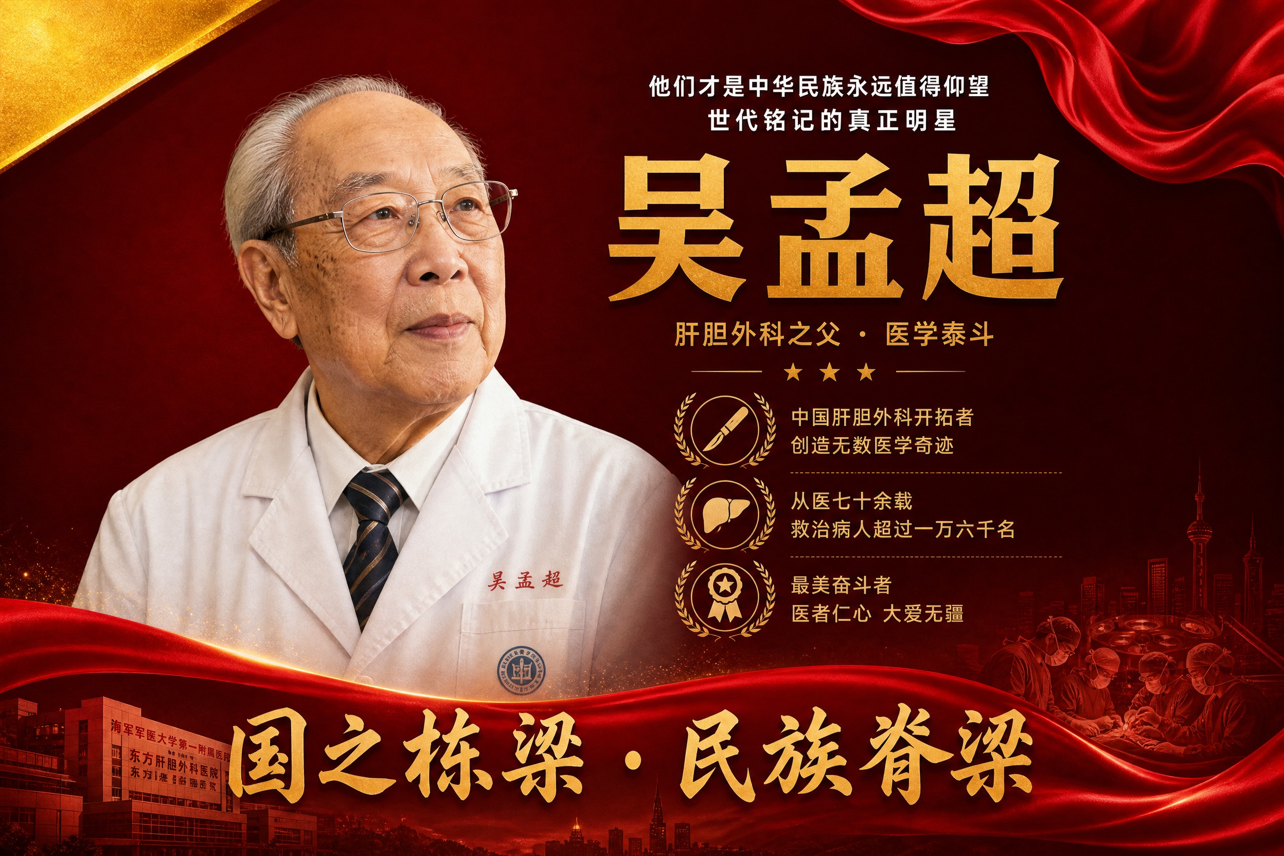 横版国之栋梁人物挂画海报，吴孟超主题，参考图风格复刻，红金配色… - 图片创意预览