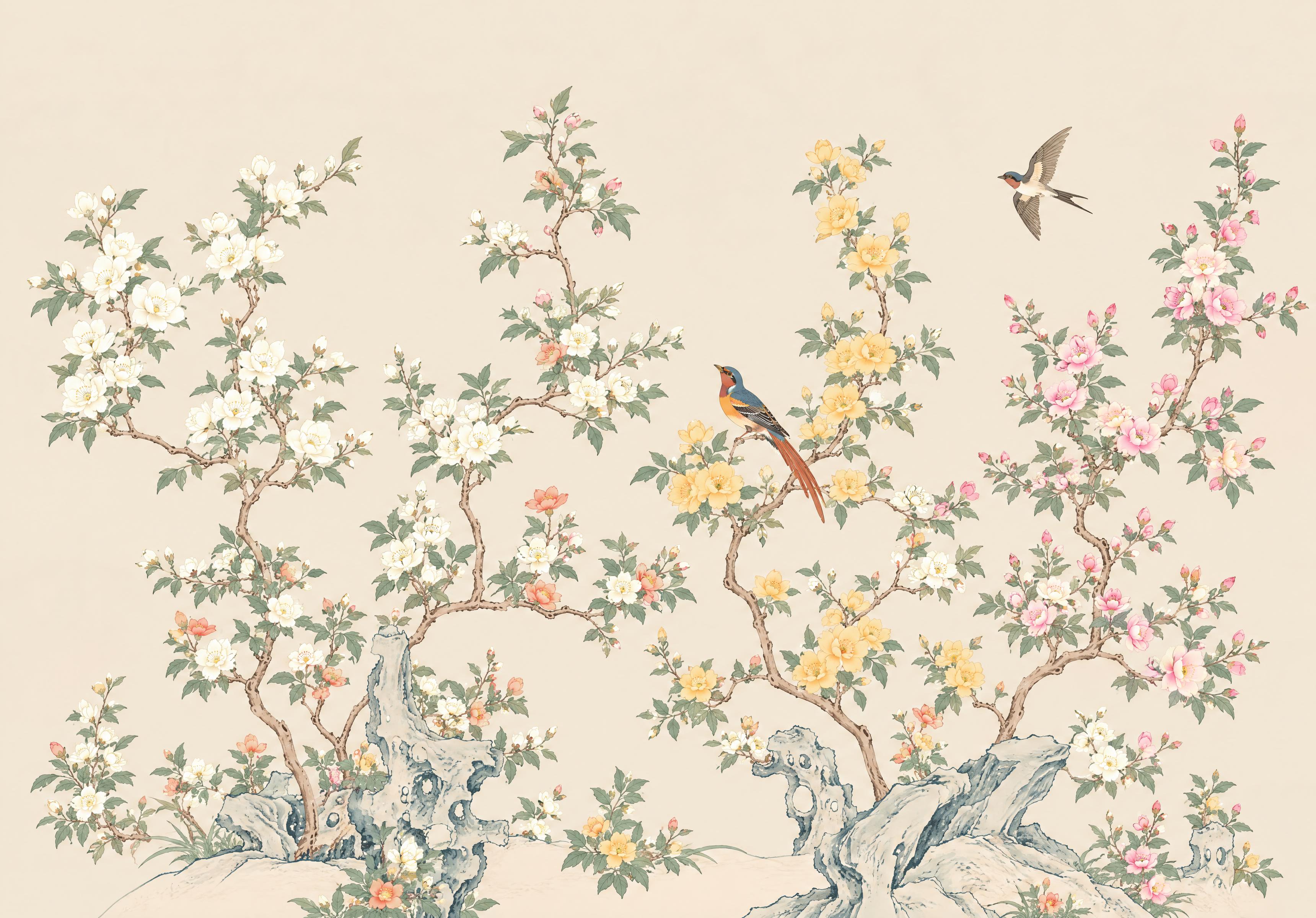 参考图中的中国工笔花鸟风格，重新生成一幅扁平风花鸟图，画面包含… - 图片创意预览