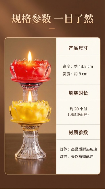 高脚莲花酥油灯电商详情页第十七页，保留原图产品展示，大字标题"规格参数 一目了然"，左侧产品图，右侧清晰列出产品尺寸、燃烧时长、材质参数，表格排版简约清晰，暖调背景，保持原有产品形态不变，不涉及封建迷预览效果