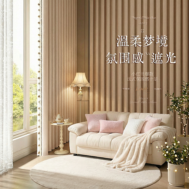 不改变窗帘的面料材质，切换不同的家装场景（最好是梦幻少女奶油风），改变角度，保留文字，一次生成3张；