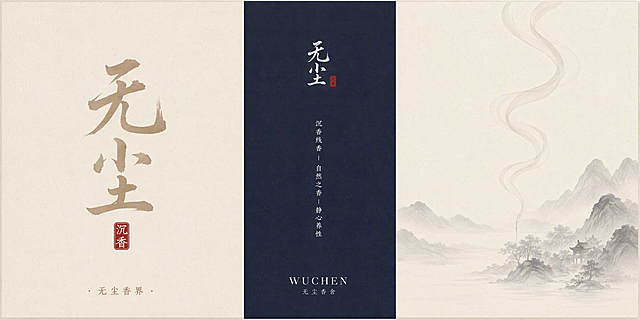 沉香线香礼盒包装平面图，三栏式布局，东方美学新中式简约风格。左栏：米白色宣纸底，浅棕色书法大字"无尘"竖排，下方红色小印章"沉香"，底部小字"无尘香界"。中栏：藏深蓝色竖条，顶部白色书法小字logo"无尘"带红印，下方竖排白色小字，底部白色横排品牌名。右栏：米白色底，淡雅水墨山水与袅袅香烟线条图形，禅意留白。整体雅致高级，礼盒正面平铺，俯视角度，无阴影无透视，平面设计图