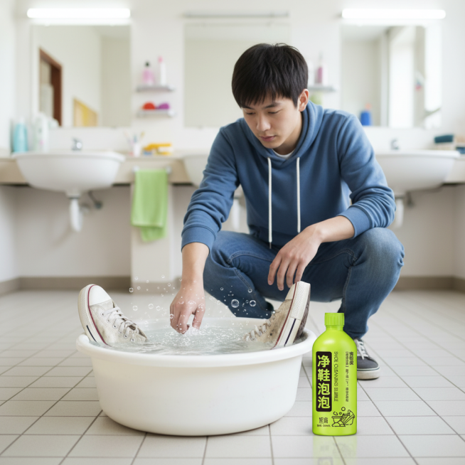 后面的背景是宿舍洗漱台大场景，背景模糊一点点，一个男学生蹲在水盆旁边，水盆放在地面上，帆布鞋在水盆里面浸泡着，鞋面二分之一在水里，二分之一在水面，水面上的鞋子上有污渍，产品放在旁边，青春校园风，强调高预览效果