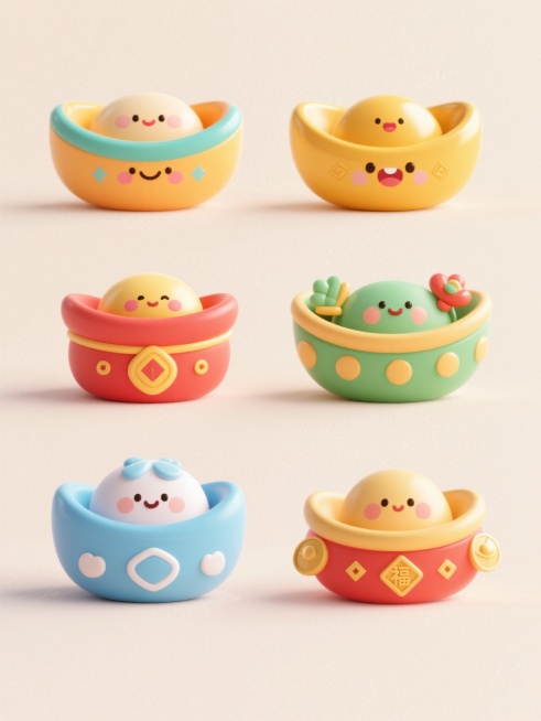 六个不同配色、不同样式、不同材质的元宝造型，采用简约卡通风格，圆润线条，明亮色彩，每个元宝具有独特的表情和装饰细节，上下两行整齐对齐排列，浅色背景，整体画面简洁明快，充满喜庆感和可爱氛围。预览效果