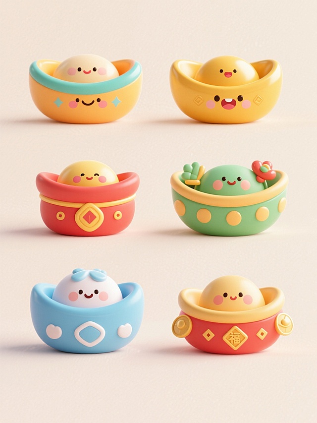 六个不同配色、不同样式、不同材质的元宝造型，采用简约卡通风格，圆润线条，明亮色彩，每个元宝具有独特的表情和装饰细节，上下两行整齐对齐排列，浅色背景，整体画面简洁明快，充满喜庆感和可爱氛围。