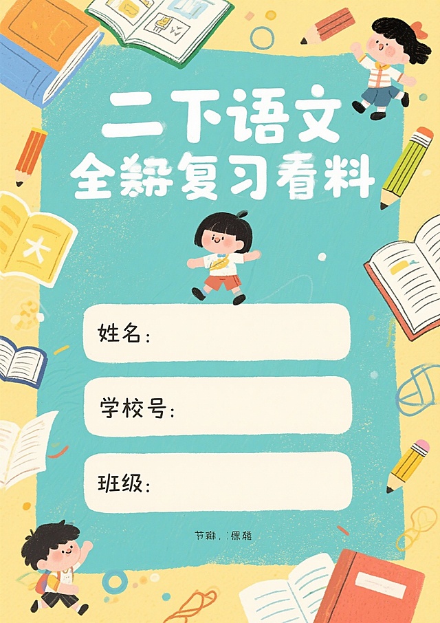 标题：二上语文全册复习材料，下方：姓名、学号、班级。卡通样式。A4纸。
