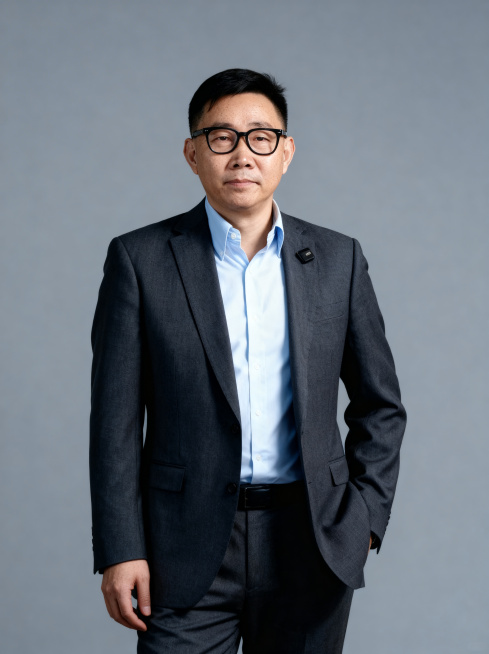 参考图中保留人物脸型、发型、年龄等特征生成红酒公司老板的职场形象照，标准焦段50mm，f/4光圈，平视视角，人物居中半身像，炭灰色定制西装外套搭配浅蓝衬衫，炭灰西裤，权威沉稳，左手插兜自然姿态，佩戴黑预览效果