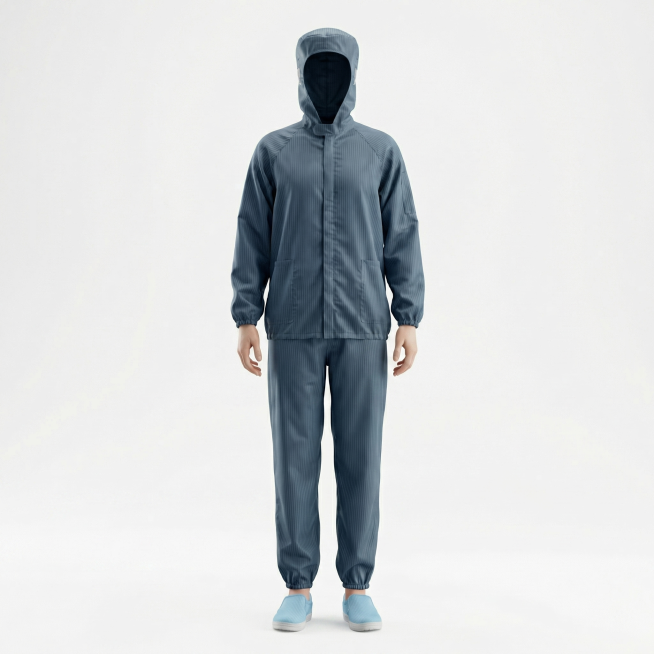 肤色白皙的外国女性穿着这件深蓝色连帽分体防护服，保持服装款式和条纹细节不变，添加真实人体模特，高质感，高清商业摄影，纯色背景预览效果