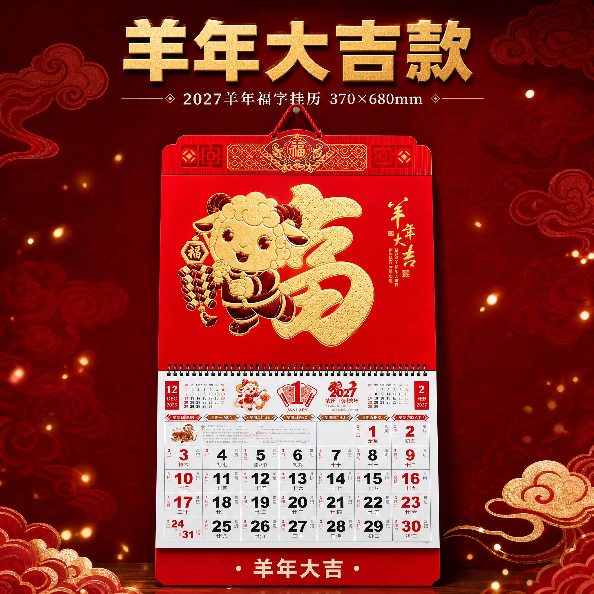 [SKU2-羊年大吉款] 2027羊年福字挂历 羊年大吉款 单… - 图片创意预览
