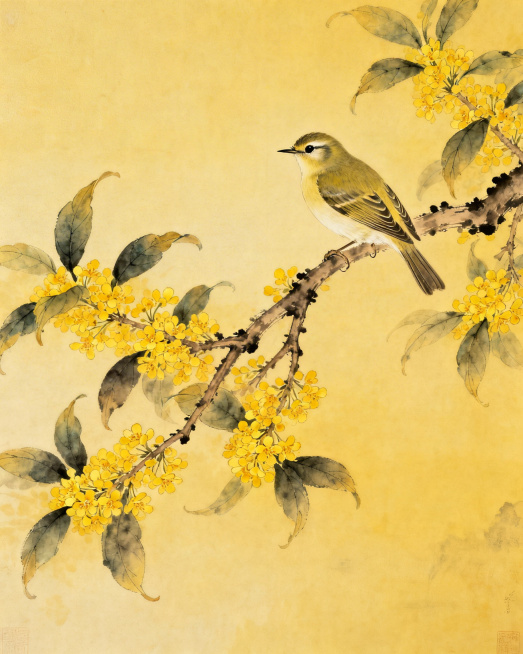 古风场景，金黄桂花枝桠遒劲绽放，一只灵动小鸟停在枝头，羽毛细腻，画面雅致富有诗意，色调柔和温暖预览效果