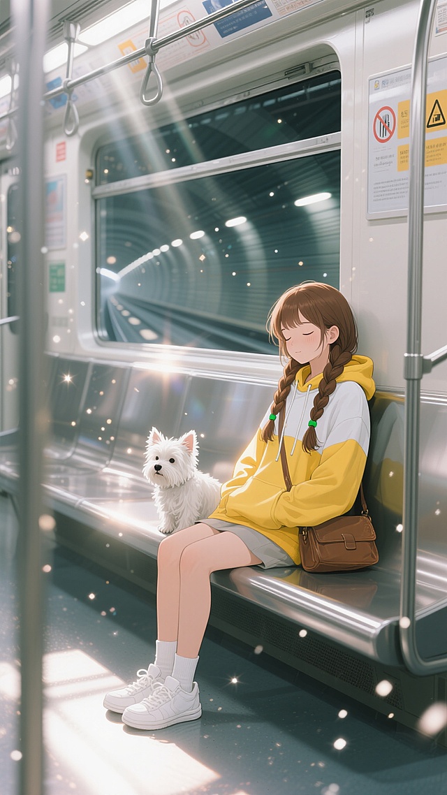 动漫风少女与萌宠在地铁中，梦幻温馨，轻拟物设计，营造童话般场景。