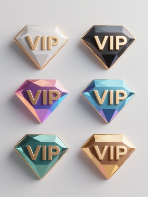 一系列6个不同配色、不同样式、不同材质的「VIP」造型图标，采用简约现代设计风格，规整排布于纯色背景之上。每个VIP图标均具有精致的3D立体效果，表面呈现出如钻石般的多面体切割质感，并带有细腻的渐变色彩与高光反射，部分图标边缘镶嵌有金色金属线条装饰，整体光影层次丰富，立体感强烈，无任何文字、logo及水印元素。预览效果