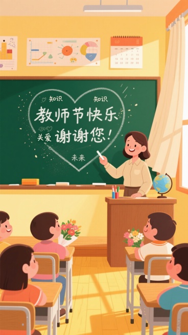 深绿色黑板占据画面主要部分，黑板上用白色粉笔手写“教师节快乐”“谢谢您”字样，字迹边缘有轻微粉尘效果并散发柔和光晕，粉尘颗粒在空气中轻盈飞扬。黑板中央是粉笔画的心形图案，内部写满“知识”“关爱”“未来预览效果