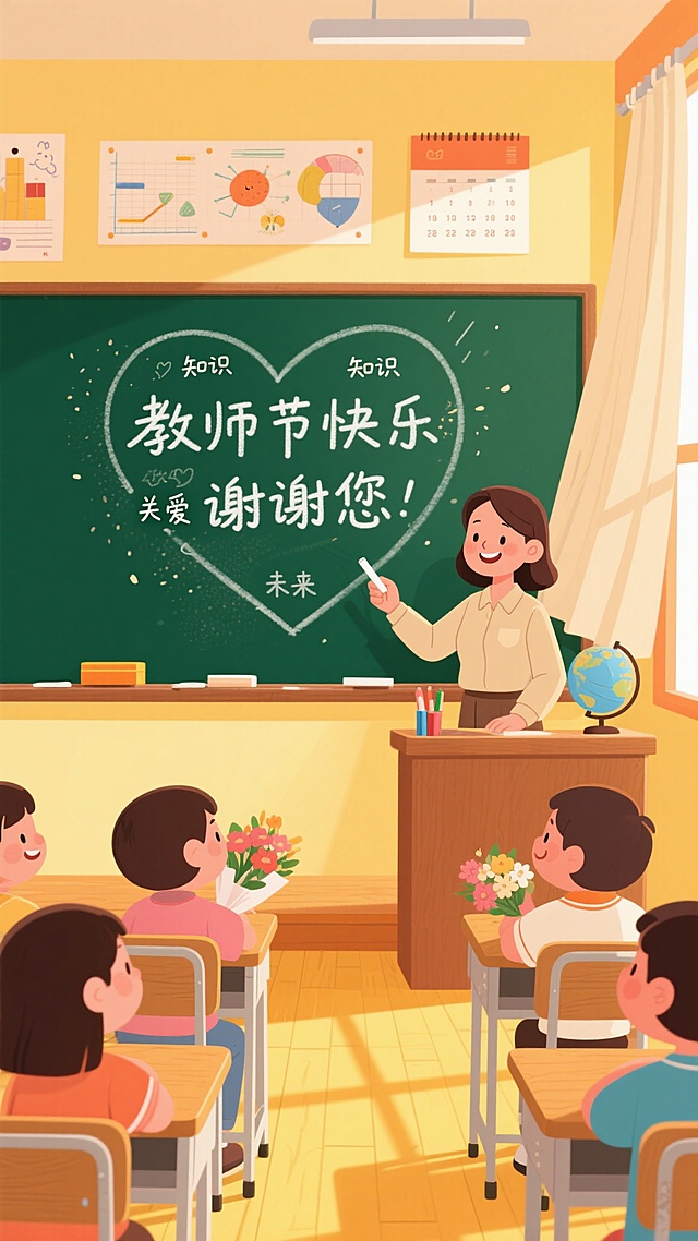 在教室的一方小天地里，老师是知识的摆渡人。粉笔划过黑板，勾勒出 “教师节快乐” 的暖心字样，那是知识与关爱的交织，指向孩子们充满希望的未来。孩子们捧着鲜花，眼神里满是对老师的敬爱与感激，这一方教室，因师生间的温情互动，成了孕育梦想与感恩的温暖港湾。