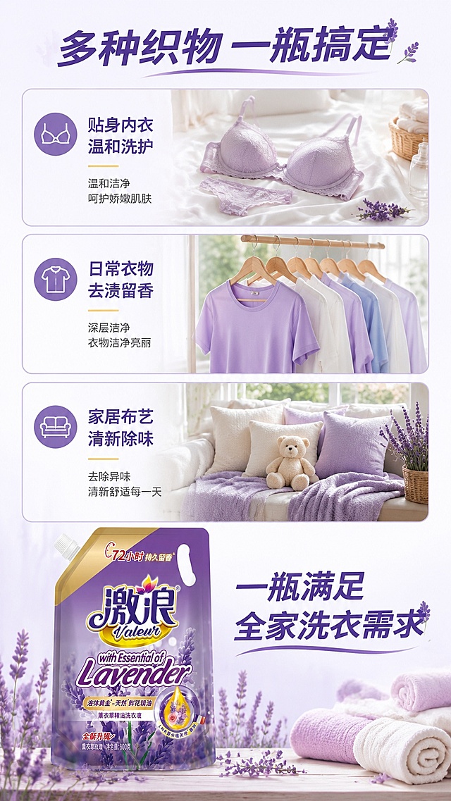 [第7屏] 多场景适用展示，激浪薰衣草精油洗衣液适配多种洗衣场景。本屏使用【图1】商品主体。
[氛围/风格] 清新拼贴风，丰富场景展示，干净有序，生活化氛围。
[元素布局] 三格拼图布局，每个格子展示一个适用场景：内衣内裤、日常衣物、家居布艺；商品放在底部通栏位置，占比约20%；每个场景配小图标和说明，保持商品外观与输入图一致。
[光影质感] 每个场景光影统一，自然光，清晰展示不同场景使用效果，整体明亮干净。
[配色色系] 全局底色 #F7F4FB，每个场景浅紫边框，主色薰衣草紫，背景浅灰调，整体和谐统一。
[视角构图] 上中下布局，三个场景从上到下排列，商品在底部，信息分布均匀，适合手机滑动阅读。
[文字版式] 顶部大标题「多种织物 一瓶搞定」，三个场景分别标注：「贴身内衣 温和洗护」「日常衣物 去渍留香」「家居布艺 清新除味」，底部商品旁标注「一瓶满足全家洗衣需求」，文字清晰，字号适中。
[比例分辨率] 9:16 竖版比例，4K分辨率，文字清晰可辨，高清画质。
[负向提示词] 布局混乱，文字过小，商品变形，颜色偏差，水印，场景模糊
