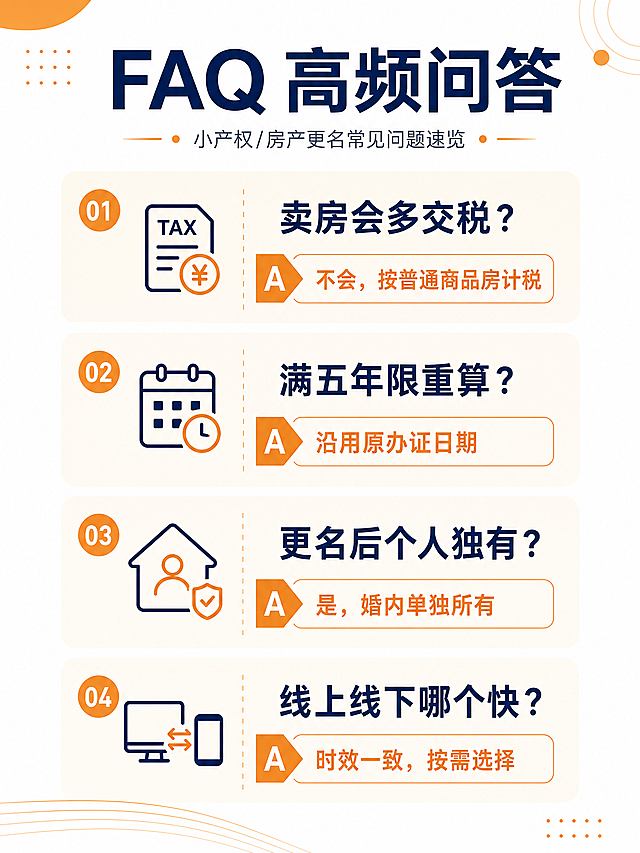 FAQ高频问答卡片配图，竖版3:4，白底设计，暖橙+浅米白+深蓝配色，四个问题分区块排列，精简文字。
问答内容：
卖房会多交税？→不会，按普通商品房计税
满五年限重算？→沿用原办证日期
更名后个人独有？→是，婚内单独所有
线上线下哪个快？→时效一致按需选择
排版清晰，适合手机阅读。