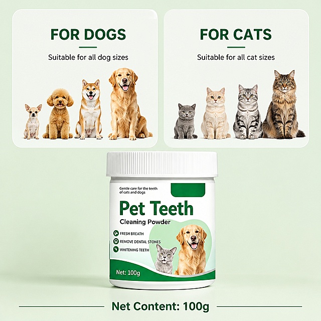 「图片1」，生成一套主图（8张），商品名称是OEM ODM Dental Powder for Dogs Cats Teeth Cleaning Plaque Tartar Removal Fresh Breath Oral Care Pet Health Supplement，适配亚马逊/跨境平台，主图比例为1:1
