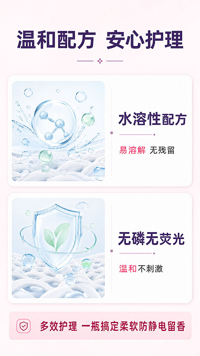 [第3屏] 淘宝天猫电商详情页第三屏，白小乐多效护理柔顺剂核心成分与功效解析。
[氛围/风格] 简约专业科研风，浅粉柔和背景，清新干净质感，符合洗护产品调性。
[元素布局] 顶部放置大标题区域，中部使用双行网格布局展示两大核心成分，每个成分区域左侧放置成分示意图，右侧放置成分名称和功效说明，底部放置总结性卖点信息。整体布局疏密有致，左右留白充足，不拥挤。
[光影质感] 整体光线均匀明亮，网格卡片有轻微阴影增加层次，文字清晰通透，示意图风格简约专业。
[配色色系] 全局背景浅粉色#FFF5F8，成分卡片底色白色，标题深紫色，功效文字黑色，功效关键词粉色高亮，成分示意图使用浅蓝浅绿柔和配色。
[视角构图] 全屏信息排版，移动端竖版，从上到下阅读动线清晰。
[文字版式] 顶部主标题"温和配方 安心护理"，加粗深紫色，居中大号字体。第一成分网格：左侧示意图，右侧标题"水溶性配方"，说明文字"易溶解 无残留"；第二成分网格：左侧示意图，右侧标题"无磷无荧光"，说明文字"温和不刺激"。底部总结文字"多效护理 一瓶搞定柔软防静电留香"，浅粉色底加粗文字。所有文字清晰可读，字号适中，符合移动端阅读要求。
[比例分辨率] 9:16竖版比例，4K分辨率，文字清晰可辨。
[负向提示词] 文字错乱，颜色偏差，排版拥挤，水印，背景杂乱，文字模糊，成分示意图变形，虚假宣传标识。