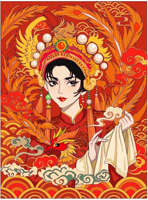 调整左边云朵，向左移动，不要遮挡凤凰羽毛，保持原国潮插画风格和配色不变，修正布局，其他部分保持不变预览效果