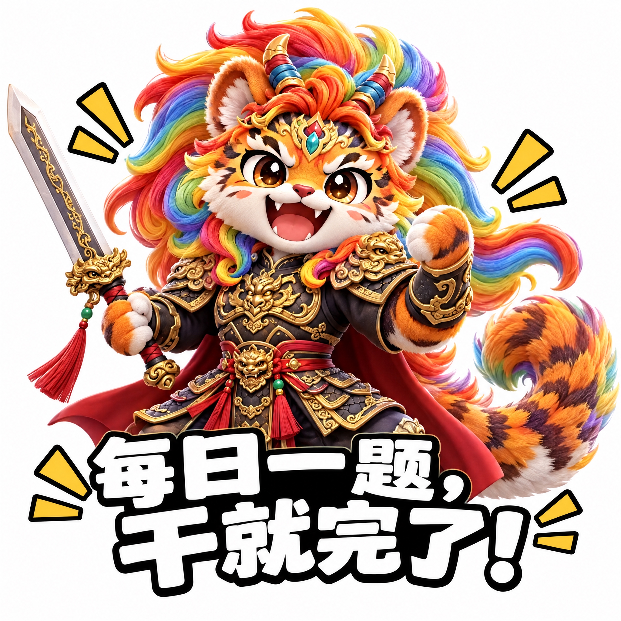 参考图中的彩虹鬃毛虎形神兽（穿黑色铠甲、持剑、威武霸气），做成… - 图片创意预览