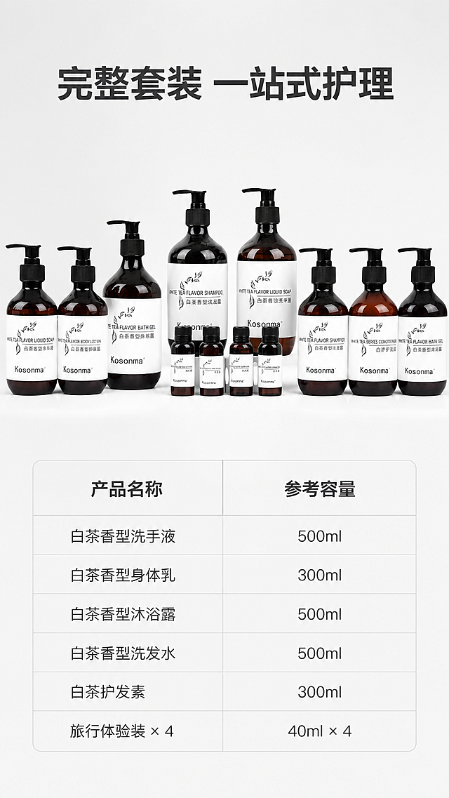 [第7屏] 详情页套装全家福规格一览，花香白茶洗护套装。
[氛围/风格] 整齐排列展示，干净简约商业排版，信息清晰明了。
[元素布局] 页面上半部分完整展示套装全家福全部产品，本屏使用输入图1作为主体，保持所有瓶罐大小位置、颜色结构、标签文字和原图一致，产品整体居中放置，占据上半部分约70%宽度；下半部分为规格信息表格，清晰列出每款产品名称和容量信息。背景为浅灰白色渐变，干净无多余装饰。
[光影质感] 均匀柔光布光，所有产品都清晰受光，瓶身高光自然，投影柔和，整体通透干净。
[配色色系] 全局底色：#F5F5F5（浅灰）；产品保持原棕褐色+黑色+白色；表格线条：#E0E0E0；文字：深灰色。
[视角构图] 产品全家福居中偏上，规格表格居下，正面平视，整体排版对称整齐。
[文字版式] 顶部主标题「完整套装 一站式护理」居中加粗深灰字。下半部分规格表格分两列：左列产品名称，右列参考容量，依次列出：白茶香型洗手液、白茶香型身体乳、白茶香型沐浴露、白茶香型洗发水、白茶护发素、旅行体验装×4，清晰易读，表格不拥挤。
[比例分辨率] 9:16竖版比例，4K分辨率，文字清晰可辨，超高清。
[负向提示词] 产品缺件错件，瓶身变形，标签文字错乱，容量信息模糊，颜色偏差，水印。