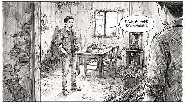 基于第一张图的便衣警官陈峰，绘制他在破旧出租屋内开口承诺的分镜画面，台词气泡写："你放心，我一定会很好帮你把事情弄清楚。"，整体风格完全匹配第二张图的精细铅笔素描漫画分镜风格，保留人物穿牛仔夹克牛仔裤的造型，神态沉稳坚定，场景为破旧出租屋室内