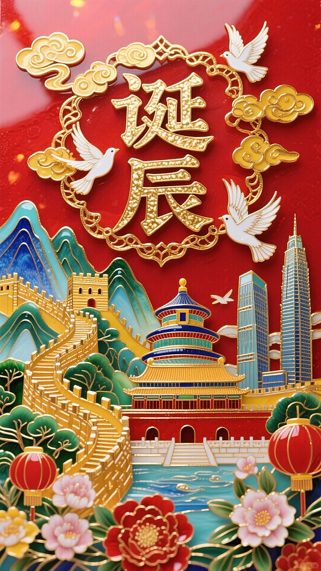 国潮风插画，鎏金浮雕质感，融合长城、天坛与现代建筑，喜庆红金配色，祥云白鸽环绕“诞辰”二字，尽显中式民族韵味。