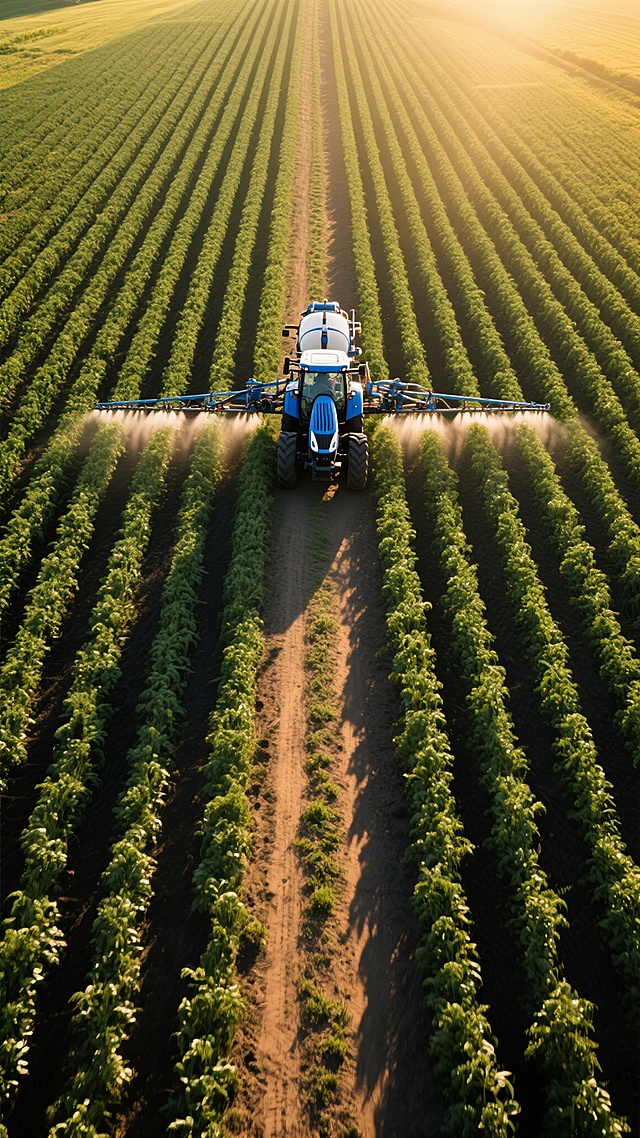 从高空俯瞰的广阔农业田野，整齐排列的深绿色 crop rows 间有一条明显的土黄色路径，一辆蓝白相间的现代农业拖拉机正行驶在路径中央，拖拉机后部连接着大型喷洒设备，在阳光照射下投下长长的黑色影子，温暖的金色阳光从斜上方照射，为整个田野镀上一层明亮的光泽，光影对比强烈，展现出农业机械化作业的现代化景象，整体画面呈现出清晰、写实的摄影风格，充满生机与秩序感。