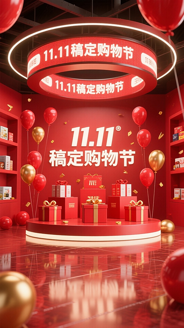 3D重拟物风格，极繁主义构图，金属鎏金质感，红金配色营造浓烈双十一喜庆感，呼应11.11购物节主题。
