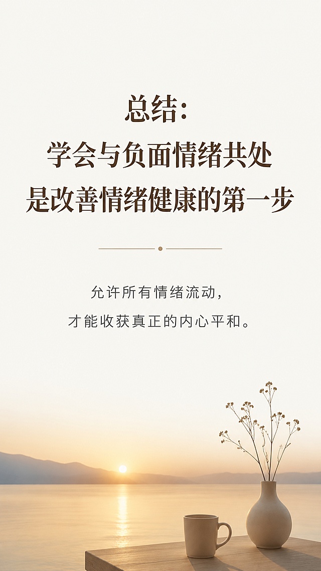 [第8屏] 公众号结尾总结页，总结核心观点，疗愈风格收尾，文字为主搭配简约收尾配图。氛围风格：温暖治愈，简约高级，总结升华，大牌质感收尾。元素布局：顶部总结标题，中间核心观点总结文字，底部搭配一幅简约夕阳或自然剪影小图，整体留白充足，舒缓收尾节奏，文字为主图片为辅。光影质感：整体光线温暖柔和，背景干净通透，文字清晰。配色色系：全局底色 #F5F5F0，深棕标题，深灰文字，图片低饱和暖调，整体温暖治愈。视角构图：竖向排版，标题在上文字居中，图片在底部，整体构图平衡。文字版式：主标题写在大路上，副标题总结：学会与负面情绪共处，是改善情绪健康的第一步，允许所有情绪流动，才能收获真正的内心平和；文字排版宽松，字号适中，结尾舒缓不拥挤。比例分辨率：9:16 竖版比例，4K分辨率，高清画质。负向提示词：文字错乱，文字过小，图片过大，配色刺眼，变形，水印