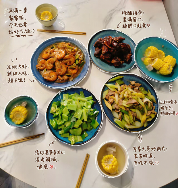 请为这张家常菜照片添加手绘注释：
1. 沿着每个物品边缘用白色细线一笔画轻描轮廓，线条随意不工整，保持手绘笔质感
2. 添加中文手写感短句子注释，口语化碎碎念风格：
- 油焖大虾：鲜甜入味，超下饭！预览效果